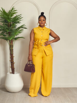ZR MUSTARD COLLARED GOLD BUTTON BELTED SLEEVELESS TOP X PANT SUIT SET