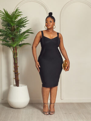 BLACK WIDE STRAP CROSS STYLE BANDAGE DRESS