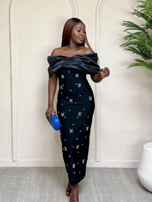 BLACK PLEATED SATIN CAPE EMBELLISHED BANDAGE DRESS