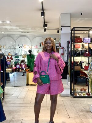 SASHES X HIDES PINK STRIPE OVERSIZED CIRCO BOX SHIRT WITH SHORTS SUIT SET