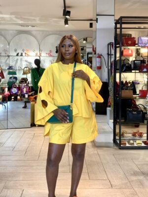 SASHES X HIDES OCHRE OVERSIZED CIRCO BOX SHIRT WITH SHORTS SUIT SET