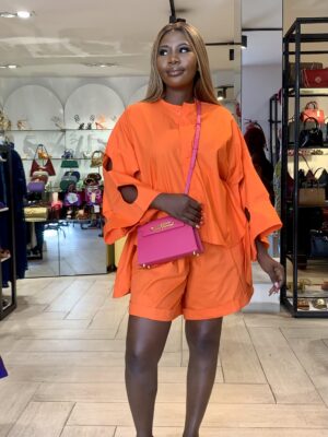 SASHES X HIDES ORANGE OVERSIZED CIRCO BOX SHIRT WITH SHORTS SUIT SET