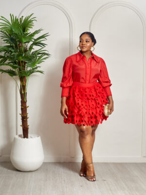 RED LAYERED GUIPURE SKIRT X SHIRT SUIT SET