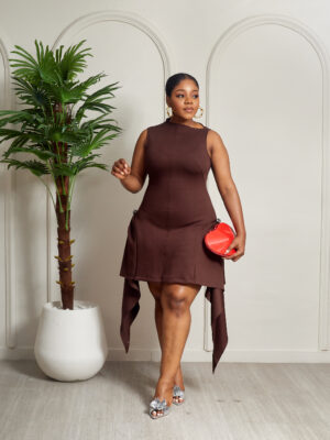 BROWN SCUBA CINCHED ASSYMETRIC SHORT DOLL DRESS