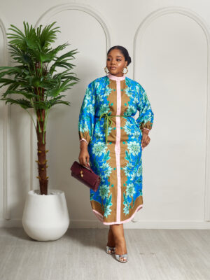 MERMAN BLUE FLORAL WITH PINK BISHOP COLLAR OVERSIZED SHIRT DRESS