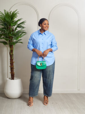 BLUE BACK CUT OUT RUCH SHIRT
