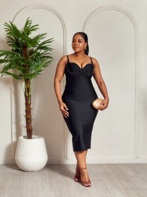 BLACK THIN STRAP EMBELLISHED CORSET LINE MIDI BANDAGE DRESS