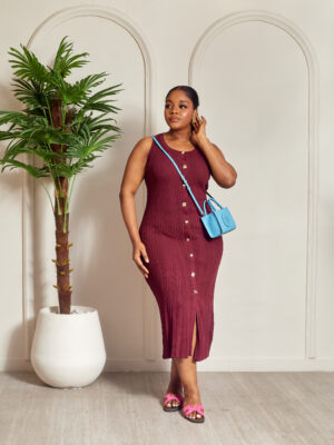 SAND PLUM MIXED GOLD BUTTONS SLEEVELESS KNIT MIDI DRESS