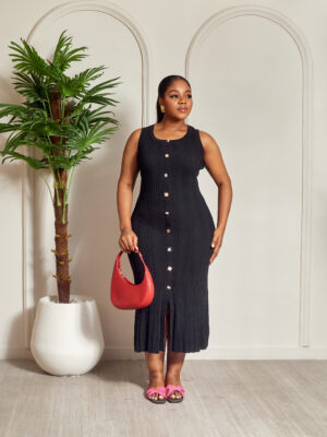 SAND BLACK MIXED GOLD BUTTONS SLEEVELESS KNIT MIDI DRESS