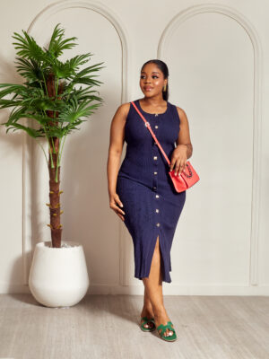 SAND NAVY MIXED GOLD BUTTONS SLEEVELESS KNIT MIDI DRESS