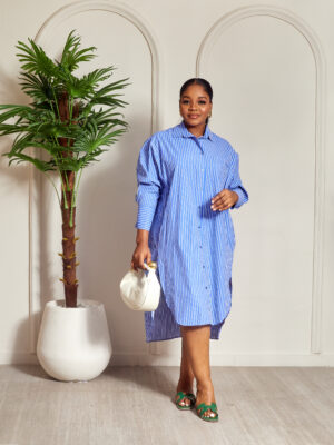 FAME BOLD BLUE X WHITE STRIPE BACK N FRONT BUTTON SHIRT DRESS