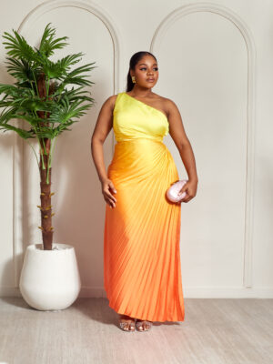 RENGIN YELLOW X ORANGE SILK PLEATED MONOSTRAP DRESS