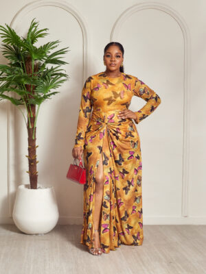 SASHES X HIDES MUSTARD BUTTERFLY PRINT MESH SIDE SPLIT MAXI DRESS