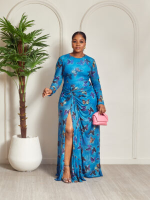 SASHES X HIDES BLUE BUTTERFLY PRINT MESH SIDE SPLIT MAXI DRESS
