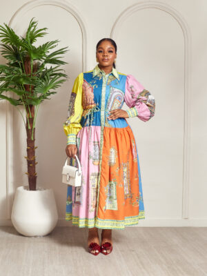MERMAN YELLOW/PINK/TEAL/ORANGE MOSAIC PRINT SHIRT DRESS