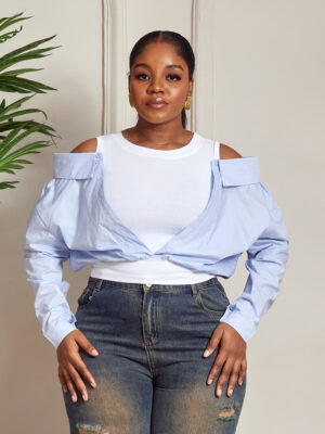 YUANYUAN BLUE COLD SHOULDER CROP SHIRT