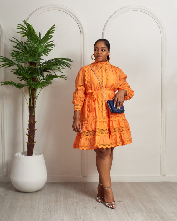MERMAN ORANGE LACE TRIMMINGS INSERT PEPLUM HEM SHIRT DRESS - Debrasgrace MERMAN ORANGE LACE TRIMMINGS INSERT PEPLUM HEM SHIRT DRESS - Debrasgrace