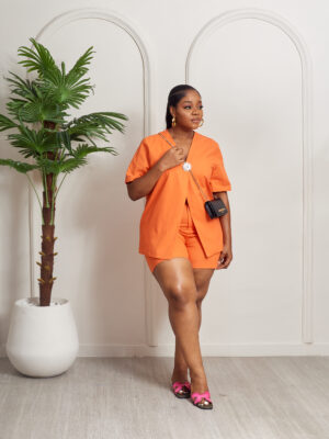 ZR ORANGE LINEN OVERSIZED EMBELLISHED BUTTON BOX JACKET & SHORTS SUITS SET