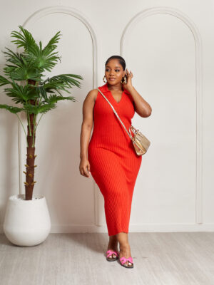 DILVIN RED COLLARED TEXTURED RIB BONE BODYCON MIDI DRESS