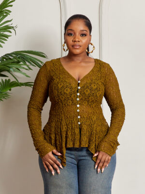 DILVIN OLIVE BUBBLE MESH LONGSLEEVE FLARE SLEEVE BLOUSE
