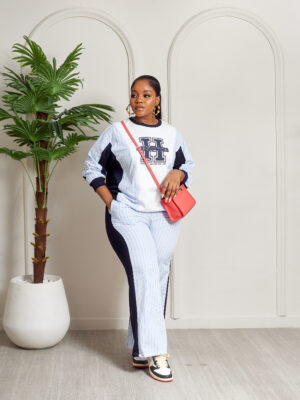 QUZU NAVY HOLLYWOOD VARSITY LEAGUE MIXED STRIPE LOUNGE SUIT SET