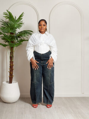 WHITE CORSET DETAIL DRAWSTRING BOX SLEEVE SHIRT