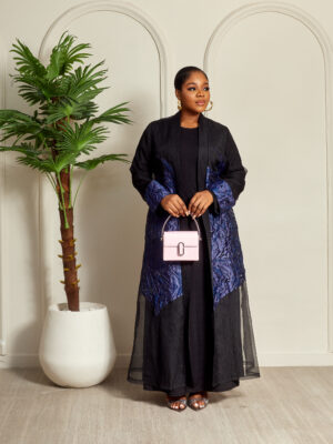 PECEM NAVY X BLACK BROCADE ORGANZA KIMONO WITH SLIP 2PCS SET