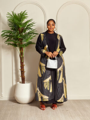 PECEM MUSTARD X BLACK BROCADE ORGANZA KIMONO WITH SLIP 2PCS SET