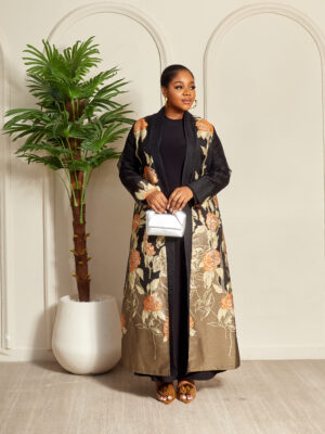 PECEM ORANGE X GOLD BLACK BROCADE ORGANZA KIMONO WITH SLIP 2PCS SET