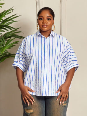 FAME BLUE X WHITE BOLD STRIPE CUT OUT BACK OVERSIZED SHIRT