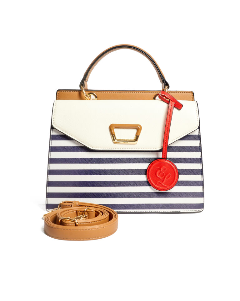 EMILY LORAN 06322 IVORY MONOGRAM WITH NAVY STRIPE TOP HANDLE BAG