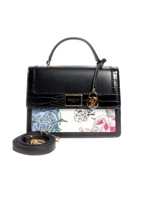 EMILY LORAN BLACK FLORAL CROCO X REFINED GRAIN WITH WHITE FLAP TOP HANDLE