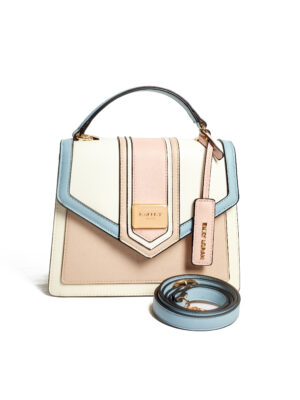 EMILY LORAN 08542 WHITE SAFFIANO WITH PINK X BLUE TOP HANDLE BAG