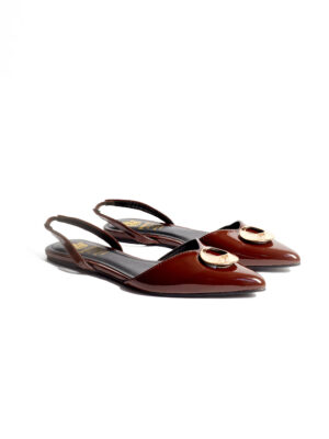 (2 FOR 50K) CHOCO ROUND GOLD BUCKLE SLING BACK FLATS