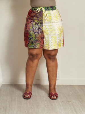 SASHES X HIDES TIARA MIXED PRINT ADIRE WITH MAGENTA ASOOKE ON SIDES SHORTS