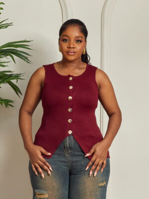 ZR BURGUNDY GOLD BUTTON KNIT WAISTCOAT STYLE TOP