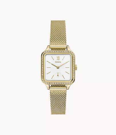 FOSSIL BQ3972 STUDDED SQUARE GOLD MESH STRAP WATCH