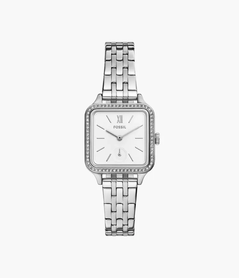 FOSSIL BQ3981 WHITE STUDDED SQUARE FACE SILVER CHAIN WATCH