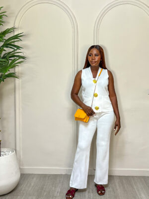 WHITE KNIT WAISTCOAT WITH OVERSIZED GOLD BUTTON PANT SUIT SET