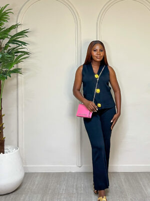 BLACK KNIT WAISTCOAT WITH OVERSIZED GOLD BUTTON PANT SUIT SET