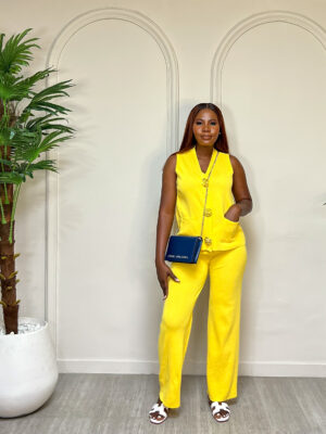 YELLOW KNIT WAISTCOAT WITH OVERSIZED GOLD BUTTON PANT SUIT SET