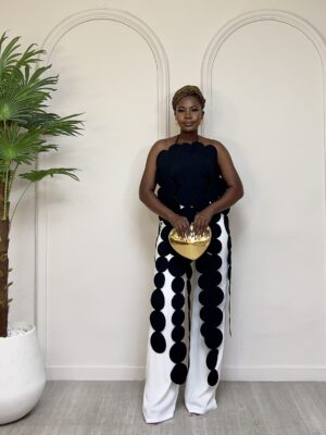 RENGIN BLACK CIRCO CUTLET FRINGE STYLE WITH IVORY PANT SUIT SET