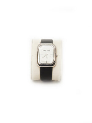 ANNE KLEIN SILVER BLACK LEATHER STRAP WATCH