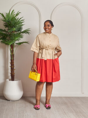 MATILDA KHAKI COLORBLOCK BISHOP SWING DRESS