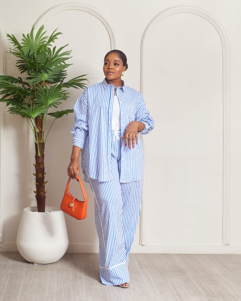 SASHES X HIDES BLUE BOLD STRIPE BIAS DETAIL PANT SUIT SET