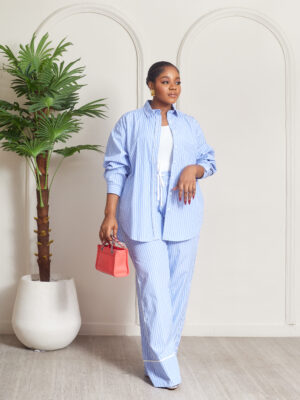 SASHES X HIDES LIGHT BLUE BOLD STRIPE BIAS DETAIL PANT SUIT SET