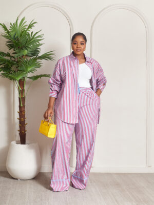 SASHES X HIDES PINK X BLUE BOLD STRIPE BIAS DETAIL PANT SUIT SET