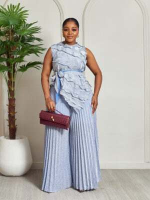 BLUE SILVER SHIMMER CRINKLED MIYAKI TOP WITH PLEATED PANT SUIT SET