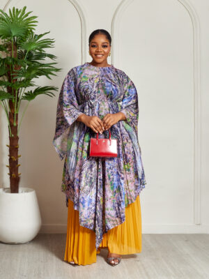 SALMON ASSYMETRIC BATWING CAFTAN WITH MUSTARD PLEATED PANT SUIT SET