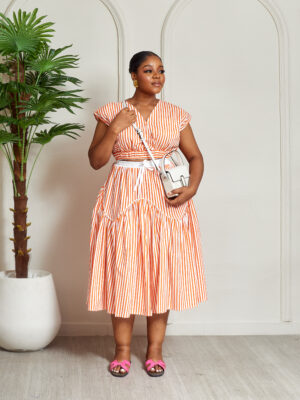 SASHES X HIDES ORANGE STRIPE CROP TOP WITH ARCH BIAS SKATER SKIRT SUIT SET